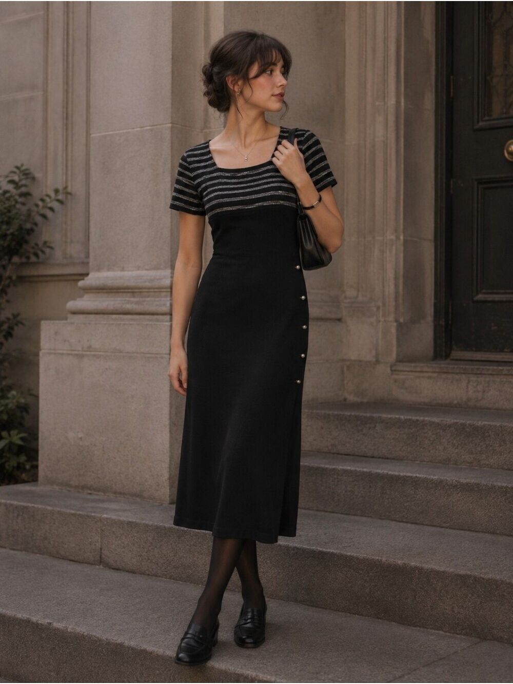 Vtg 90s Beechers Brook Striped Maxi Dress w Side Buttons - Black/White - Size 10